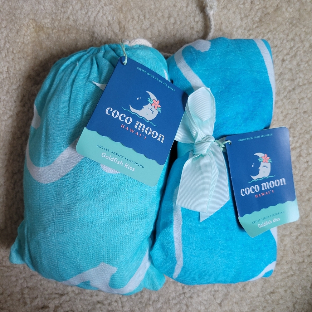 SOLD Coco Moon NALU Bamboo Crib Sheet & Swaddle Blanket SET Ocean Waves Hawaiian